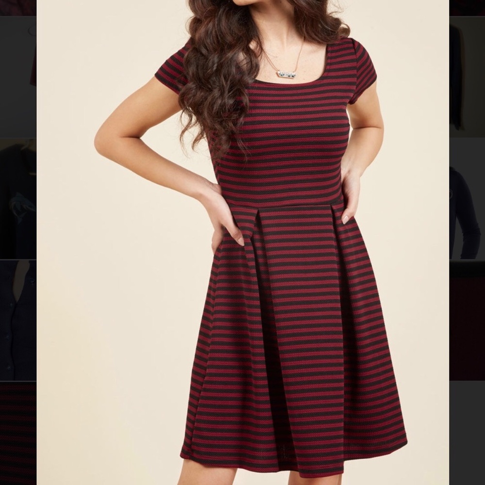 A-line Burgundy and Black Striped Dress